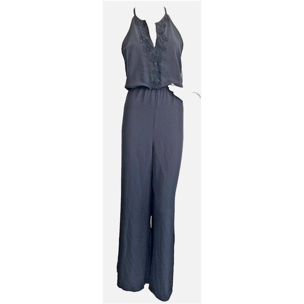 Pearl Evening Jumpsuit Size 12 Beaded Trim Split Open Back Sleeveless Black NWT